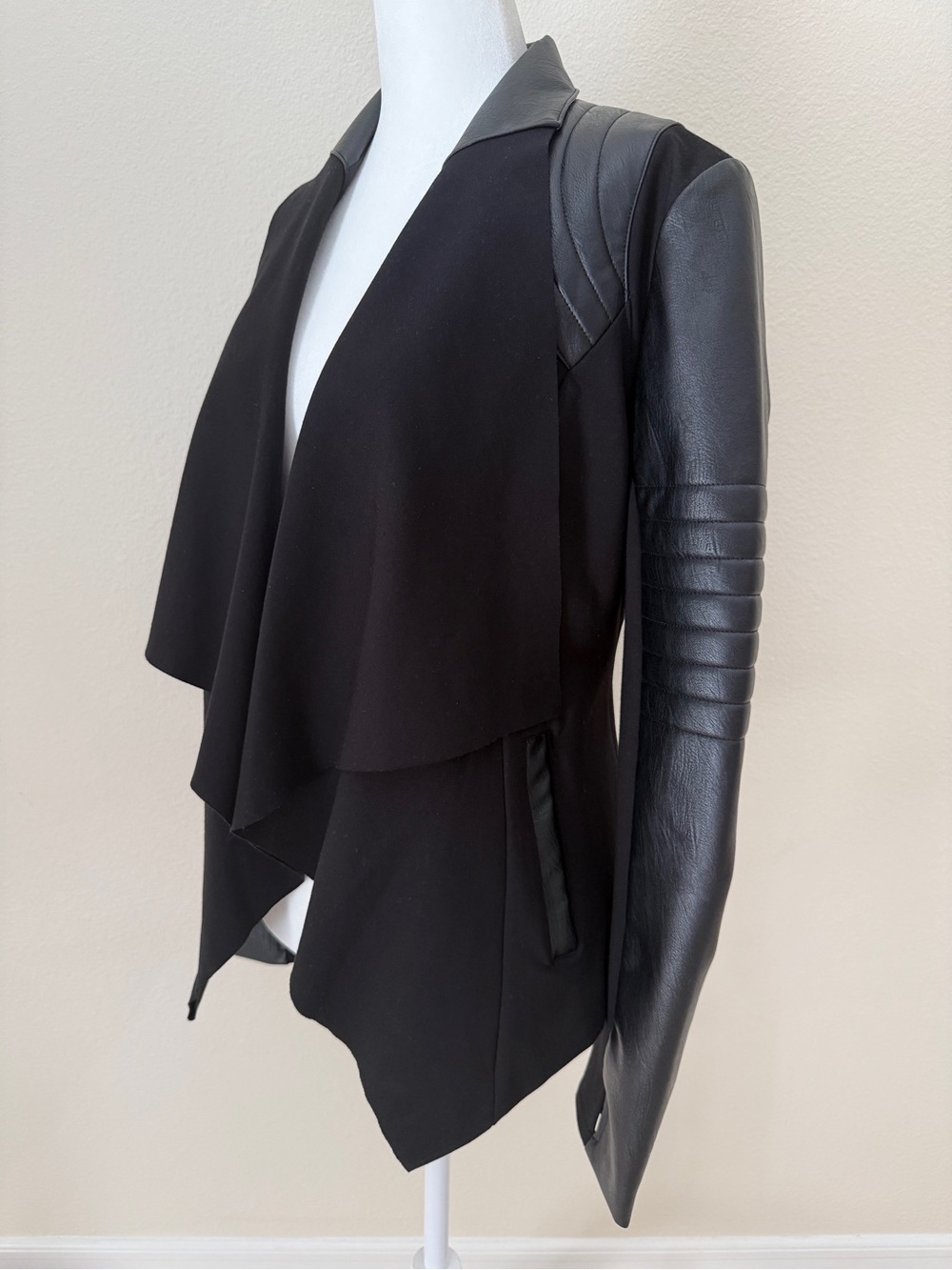 blanc noir Black Draped Jacket with Leather Moto Sleeves